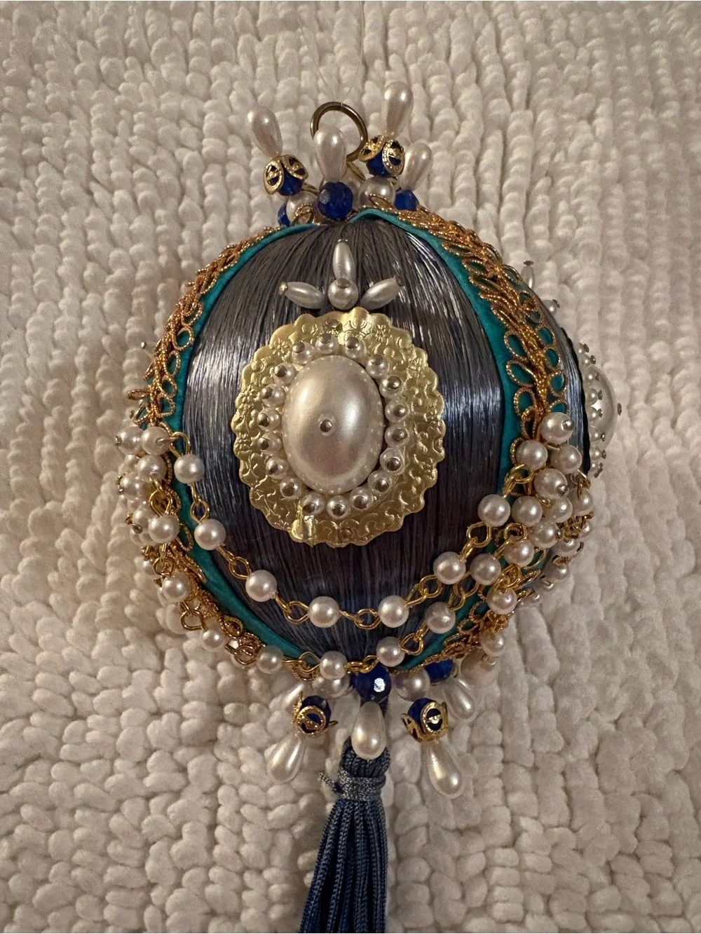 Handcrafted Blue and White Beaded Tassel Push Pin Ornament